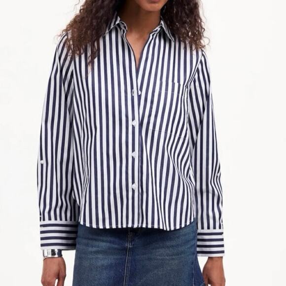 Madewell Easy V-Neck Button Up Shirt Dark Midnight Stripe Size XXS NWT - Picture 8 of 8